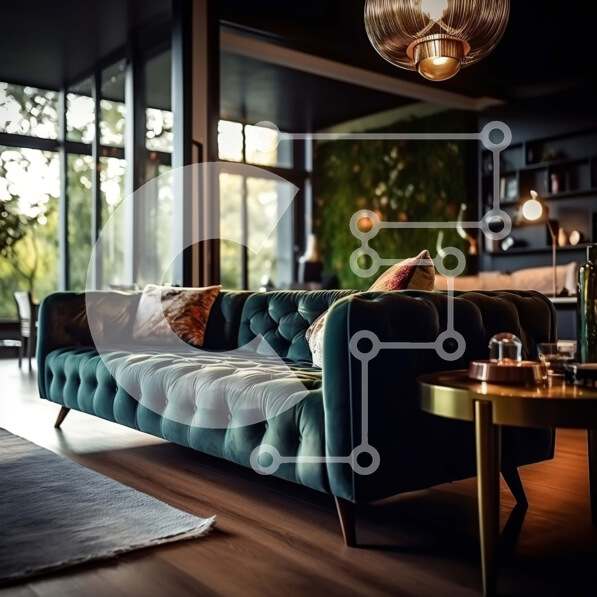 Intra Συλλεκτικό Ξύλινο Παζλ Plywood  4mm - Κομψό και άνετο μοντέρνο σαλόνι με μπλε βελούδινο καναπέ και φυτά Σε Ξύλινο Κουτί - Διαστάσεις Puzzle: 10x10 cm – 25 κομμάτια