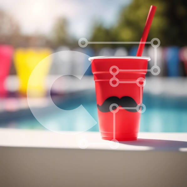 Intra Συλλεκτικό Ξύλινο Παζλ Plywood  4mm - Κόκκινο πλαστικό κύπελλο με μαύρο μουστάκι άχυρο δίπλα σε μια πισίνα Σε Ξύλινο Κουτί - Διαστάσεις Puzzle: 10x10 cm – 25 κομμάτια