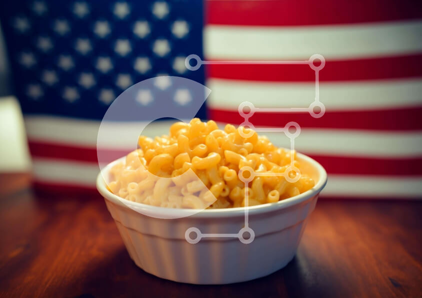 Σετ των 2 Intra Συλλεκτικό Ξύλινο Παζλ Plywood  4mm - Μακαρόνια και τυρί με φόντο αμερικανική σημαία Σε Ξύλινο Κουτί - Διαστάσεις: 10x10 cm – 25 κομμάτια