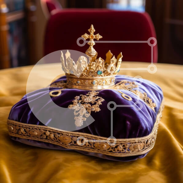 Σετ των 2 Intra Συλλεκτικό Ξύλινο Παζλ Plywood  4mm - Μωβ και χρυσό στέμμα μαξιλάρι σε κίτρινο τραπεζομάντιλο Σε Ξύλινο Κουτί - Διαστάσεις: 10x10 cm – 25 κομμάτια