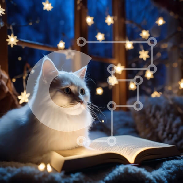 Intra Συλλεκτικό Ξύλινο Παζλ Plywood  4mm - Λευκή γάτα που διαβάζει ένα βιβλίο με χριστουγεννιάτικα φώτα Σε Ξύλινο Κουτί - Διαστάσεις: 10x10 cm – 25 κομμάτια