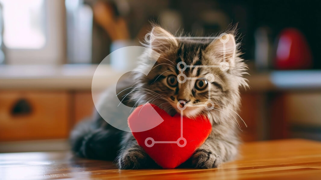 Intra Συλλεκτικό Ξύλινο Παζλ Plywood  4mm - Αξιολάτρευτη γάτα που παίζει με παιχνίδι σε σχήμα καρδιάς σε ξύλινο τραπέζι Σε Ξύλινο Κουτί - Διαστάσεις: 10x10 cm – 25 κομμάτια