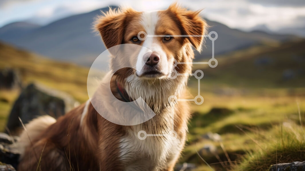 Intra Συλλεκτικό Ξύλινο Παζλ Plywood  4mm - Καφέ και λευκό σκυλί σε βραχώδες έδαφος με βουνά στο φόντο Σε Ξύλινο Κουτί - Διαστάσεις: 10x10 cm – 25 κομμάτια