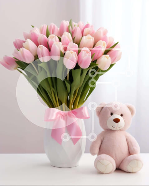 Intra Συλλεκτικό Ξύλινο Παζλ Plywood  4mm - Ροζ τουλίπες σε λευκό βάζο με αρκουδάκι Σε Ξύλινο Κουτί - Διαστάσεις Puzzle: 10x10 cm – 25 κομμάτια