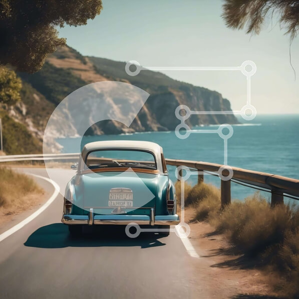 Intra Συλλεκτικό Ξύλινο Παζλ Plywood  4mm - Παλιό αυτοκίνητο που οδηγεί σε στροφές ωκεάνιο δρόμο Σε Ξύλινο Κουτί - Διαστάσεις Puzzle: 10x10 cm – 25 κομμάτια