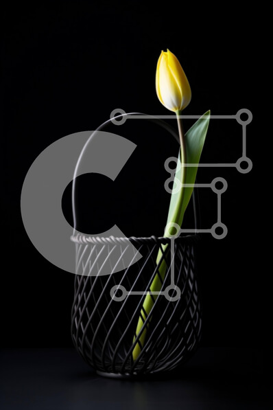 Σετ των 2 Intra Συλλεκτικό Ξύλινο Παζλ Plywood  4mm - Μονό κίτρινο λουλούδι τουλίπας σε μαύρο καλάθι Σε Ξύλινο Κουτί - Διαστάσεις: 10x10 cm – 25 κομμάτια