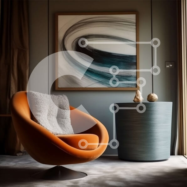 Intra Συλλεκτικό Ξύλινο Παζλ Plywood  4mm - Κομψό και μοντέρνο σαλόνι με ζωντανή πορτοκαλί καρέκλα Σε Ξύλινο Κουτί - Διαστάσεις Puzzle: 10x10 cm – 25 κομμάτια