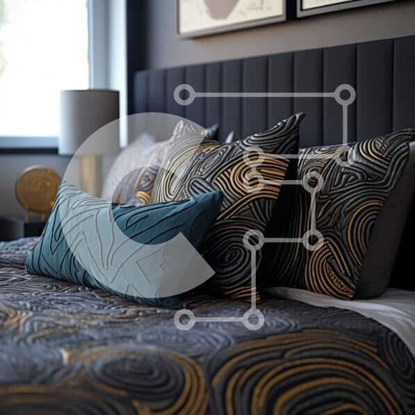 Intra Συλλεκτικό Ξύλινο Παζλ Plywood  4mm - Κομψό μαύρο και χρυσό υπνοδωμάτιο με ριγέ τοίχο και κλινοσκεπάσματα Σε Ξύλινο Κουτί - Διαστάσεις Puzzle: 10x10 cm – 25 κομμάτια