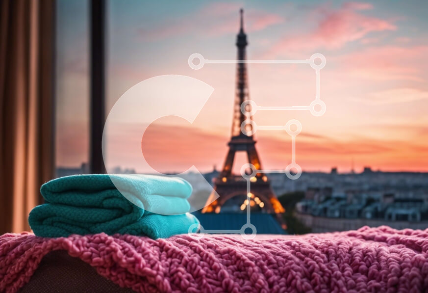 Intra Συλλεκτικό Ξύλινο Παζλ Plywood  4mm - Πύργος του Άιφελ με μπλε και ροζ πετσέτες σε έναν καναπέ Σε Ξύλινο Κουτί - Διαστάσεις Puzzle: 10x10 cm – 25 κομμάτια