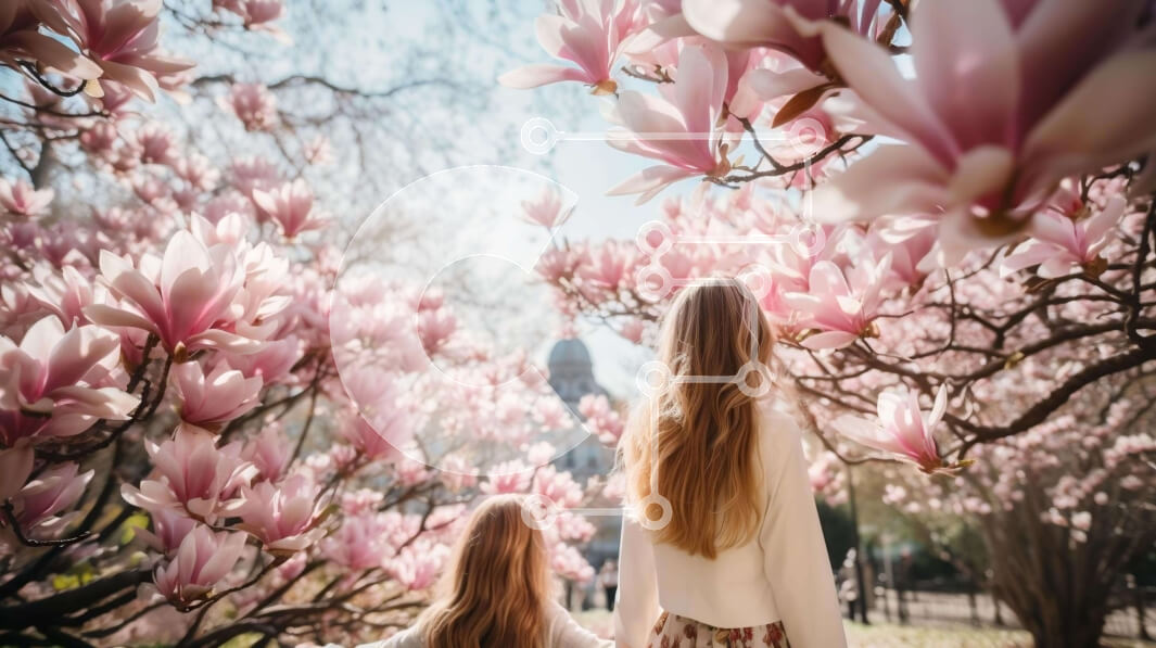 Intra Συλλεκτικό Ξύλινο Παζλ Plywood  4mm - Δύο κορίτσια που περπατούν σε ένα πάρκο με ροζ δέντρα Magnolia Σε Ξύλινο Κουτί - Διαστάσεις: 10x10 cm – 25 κομμάτια