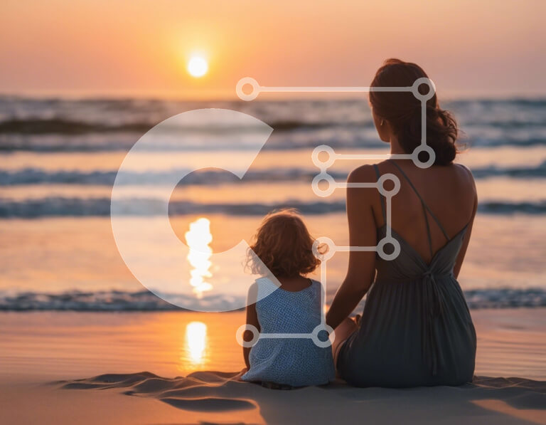 Intra Συλλεκτικό Ξύλινο Παζλ Plywood  4mm - Μητέρα και παιδί στο ηλιοβασίλεμα στην παραλία Σε Ξύλινο Κουτί - Διαστάσεις Puzzle: 10x10 cm – 25 κομμάτια