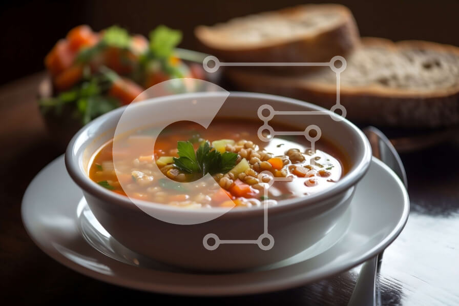 Σετ των 2 Intra Συλλεκτικό Ξύλινο Παζλ Plywood  4mm - Νόστιμο μπολ σούπας με λαχανικά και ψωμί σε ένα τραπέζι Σε Ξύλινο Κουτί - Διαστάσεις: 10x10 cm – 25 κομμάτια