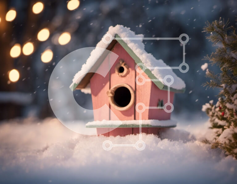 Intra Συλλεκτικό Ξύλινο Παζλ Plywood  4mm - Ροζ Birdhouse με χριστουγεννιάτικα φώτα στο χιόνι Σε Ξύλινο Κουτί - Διαστάσεις Puzzle: 10x10 cm – 25 κομμάτια