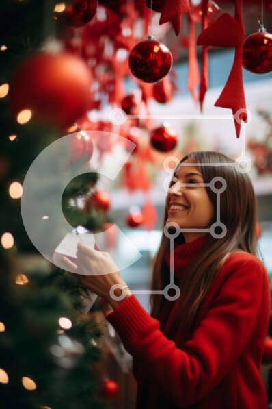 Intra Συλλεκτικό Ξύλινο Παζλ Plywood  4mm - Χαρούμενη γυναίκα που διακοσμεί το χριστουγεννιάτικο δέντρο με στολίδια Σε Ξύλινο Κουτί - Διαστάσεις: 10x10 cm – 25 κομμάτια