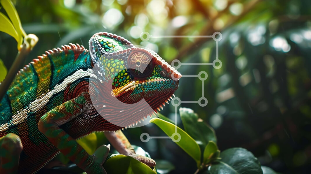 Σετ των 2 Intra Συλλεκτικό Ξύλινο Παζλ Plywood  4mm - Πολύχρωμη σαύρα χαμαιλέοντας στα πράσινα φύλλα στη ζούγκλα Σε Ξύλινο Κουτί - Διαστάσεις: 10x10 cm – 25 κομμάτια