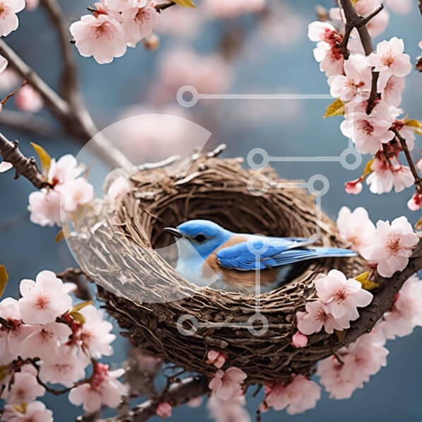 Intra Συλλεκτικό Ξύλινο Παζλ Plywood  4mm - Μπλε πουλί που φωλιάζει σε μηλιά με ροζ άνθη Σε Ξύλινο Κουτί - Διαστάσεις: 10x10 cm – 25 κομμάτια