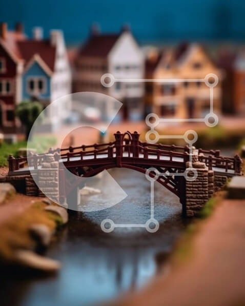 Intra Συλλεκτικό Ξύλινο Παζλ Plywood  4mm - Ειδυλλιακό μικροσκοπικό μοντέλο πόλης με ξύλινα σπίτια και κόκκινη γέφυρα Σε Ξύλινο Κουτί - Διαστάσεις Puzzle: 10x10 cm – 25 κομμάτια