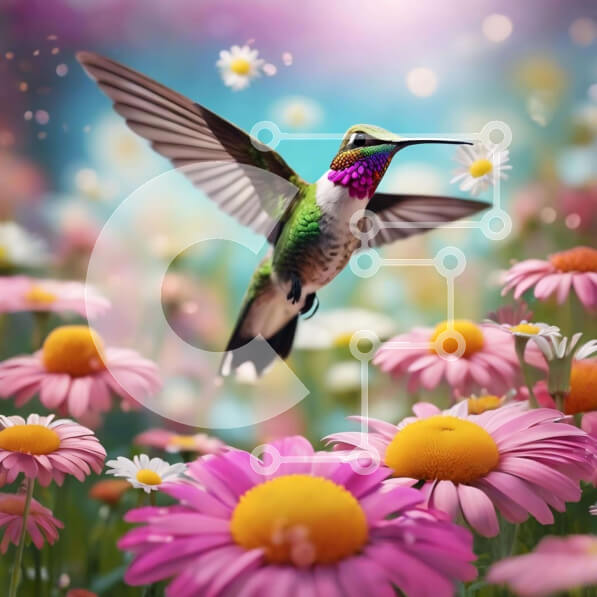 Intra Συλλεκτικό Ξύλινο Παζλ Plywood  4mm - Πολύχρωμο κολίβριο που πετά πάνω από ροζ λουλούδια και μαργαρίτες Σε Ξύλινο Κουτί - Διαστάσεις: 10x10 cm – 25 κομμάτια