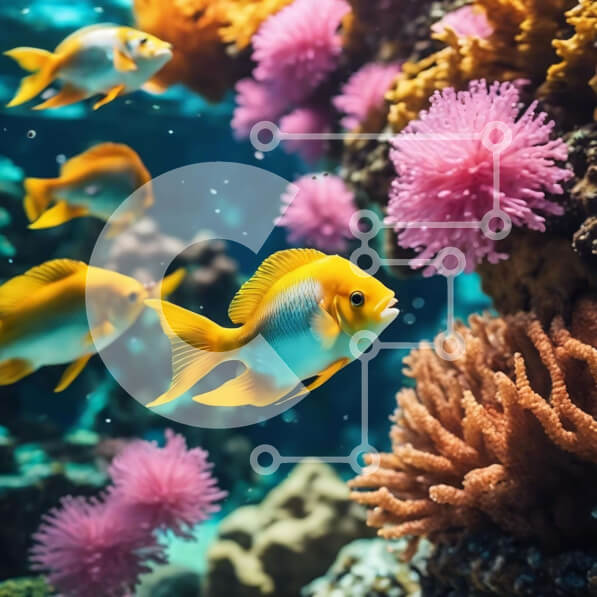 Intra Συλλεκτικό Ξύλινο Παζλ Plywood  4mm - Κίτρινα ψάρια που κολυμπούν στο ενυδρείο με ροζ και μωβ κοράλλια Σε Ξύλινο Κουτί - Διαστάσεις: 10x10 cm – 25 κομμάτια