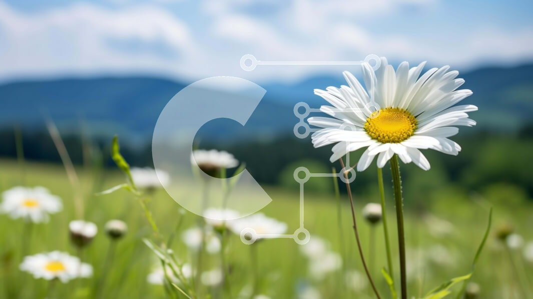 Intra Συλλεκτικό Ξύλινο Παζλ Plywood  4mm - Γραφικό λευκό λουλούδι μαργαρίτας σε ανοιχτό χωράφι με θέα στο βουνό Σε Ξύλινο Κουτί - Διαστάσεις: 10x10 cm – 25 κομμάτια