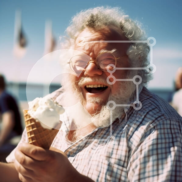 Intra Συλλεκτικό Ξύλινο Παζλ Plywood  4mm - Ευτυχισμένος ηλικιωμένος με γυαλιά και καρό πουκάμισο τρώει παγωτό σε εξωτερικούς χώρους Σε Ξύλινο Κουτί - Διαστάσεις Puzzle: 10x10 cm – 25 κομμάτια