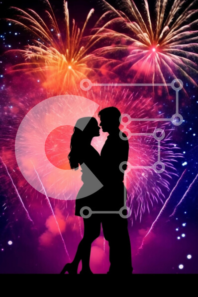 Intra Συλλεκτικό Ξύλινο Παζλ Plywood  4mm - Ρομαντική σιλουέτα ζευγαριού που φιλιέται κάτω από πυροτεχνήματα Σε Ξύλινο Κουτί - Διαστάσεις: 10x10 cm – 25 κομμάτια