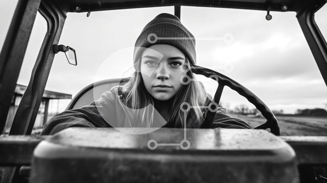 Intra Συλλεκτικό Ξύλινο Παζλ Plywood  4mm - Νεαρή γυναίκα σε Beanie που οδηγεί ένα τρακτέρ Σε Ξύλινο Κουτί - Διαστάσεις Puzzle: 10x10 cm – 25 κομμάτια