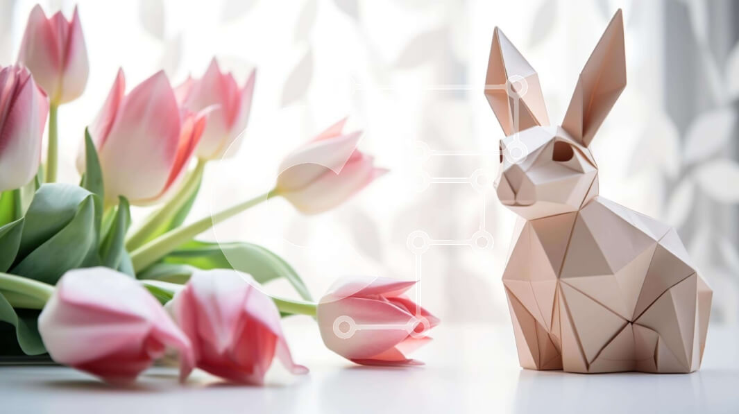 Intra Συλλεκτικό Ξύλινο Παζλ Plywood  4mm - Πασχαλινό λαγουδάκι Origami και ροζ τουλίπες Σε Ξύλινο Κουτί - Διαστάσεις: 10x10 cm – 25 κομμάτια