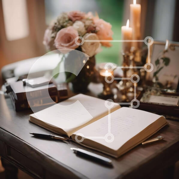 Intra Συλλεκτικό Ξύλινο Παζλ Plywood  4mm - Ανοιχτό βιβλίο σε ξύλινο τραπέζι με λουλούδια και κεριά Σε Ξύλινο Κουτί - Διαστάσεις Puzzle: 10x10 cm – 25 κομμάτια