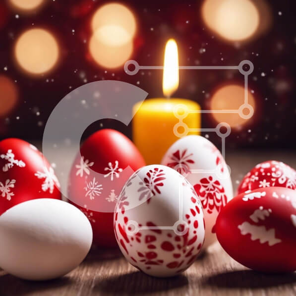 Intra Συλλεκτικό Ξύλινο Παζλ Plywood  4mm - Εορταστικά κόκκινα και άσπρα πασχαλινά αυγά με νιφάδες χιονιού Σε Ξύλινο Κουτί - Διαστάσεις: 10x10 cm – 25 κομμάτια