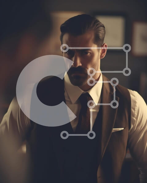 Intra Συλλεκτικό Ξύλινο Παζλ Plywood  4mm - Άνδρας με καφέ κοστούμι που στέκεται σε άδειο δωμάτιο με ορατό μουστάκι Σε Ξύλινο Κουτί - Διαστάσεις Puzzle: 10x10 cm – 25 κομμάτια