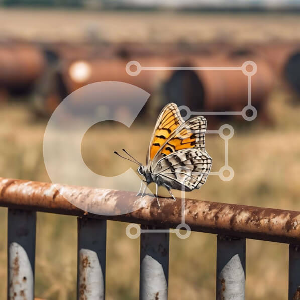 Intra Συλλεκτικό Ξύλινο Παζλ Plywood  4mm - Πεταλούδα σε σκουριασμένο μεταλλικό κιγκλίδωμα με βαρέλια λαδιού Σε Ξύλινο Κουτί - Διαστάσεις: 10x10 cm – 25 κομμάτια