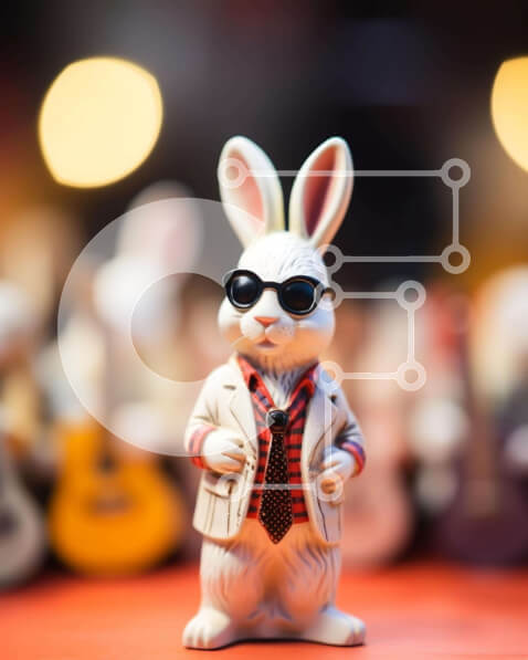 Intra Συλλεκτικό Ξύλινο Παζλ Plywood  4mm - Λευκό ειδώλιο λαγουδάκι με γυαλιά ηλίου και κιθάρες Σε Ξύλινο Κουτί - Διαστάσεις Puzzle: 10x10 cm – 25 κομμάτια