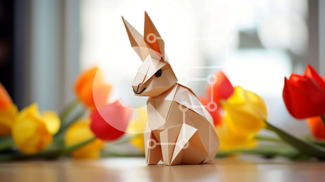 Intra Συλλεκτικό Ξύλινο Παζλ Plywood  4mm - Κουνέλι Origami και πολύχρωμες τουλίπες σε ξύλινο τραπέζι Σε Ξύλινο Κουτί - Διαστάσεις: 10x10 cm – 25 κομμάτια