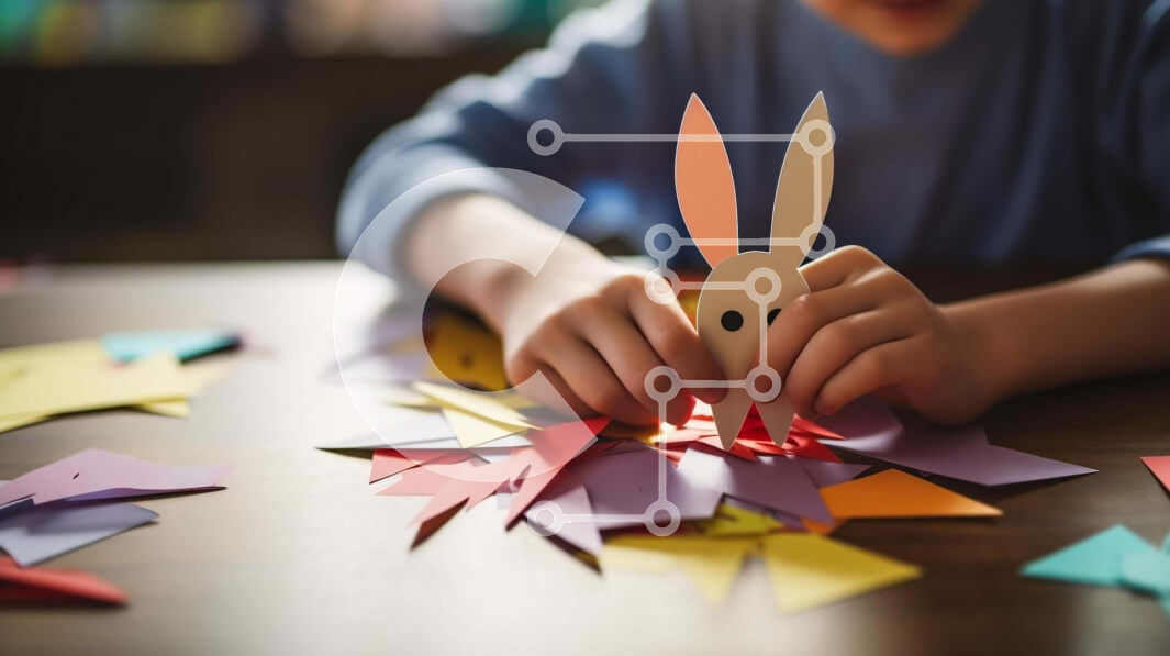 Intra Συλλεκτικό Ξύλινο Παζλ Plywood  4mm - Παιδί που φτιάχνει λαγουδάκι Origami για τον εορτασμό του Πάσχα Σε Ξύλινο Κουτί - Διαστάσεις: 10x10 cm – 25 κομμάτια