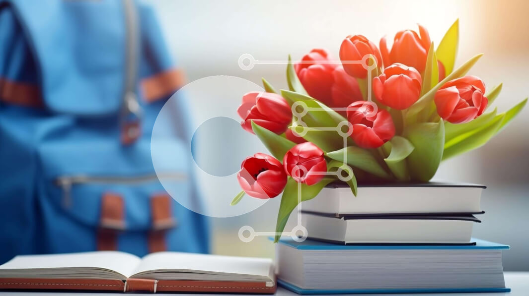 Intra Συλλεκτικό Ξύλινο Παζλ Plywood  4mm - Κόκκινες τουλίπες σε βιβλία με μπλε σακίδιο πλάτης Σε Ξύλινο Κουτί - Διαστάσεις Puzzle: 10x10 cm – 25 κομμάτια