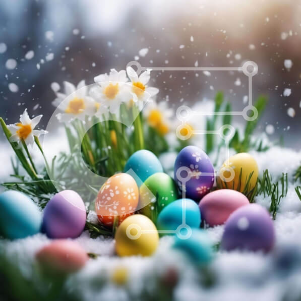 Intra Συλλεκτικό Ξύλινο Παζλ Plywood  4mm - Πολύχρωμα Πασχαλινά αυγά στο χιόνι με ασφόδελους και λουλούδια Σε Ξύλινο Κουτί - Διαστάσεις Puzzle: 10x10 cm – 25 κομμάτια