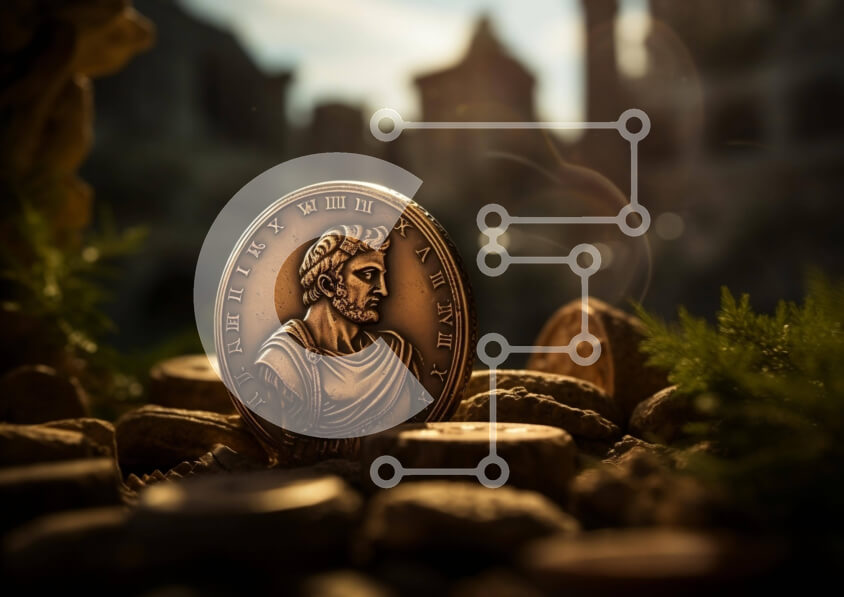 Intra Συλλεκτικό Ξύλινο Παζλ Plywood  4mm - Κέρμα Ιούλιου Καίσαρα σε σωρούς νομισμάτων και βράχων Σε Ξύλινο Κουτί - Διαστάσεις: 10x10 cm – 25 κομμάτια