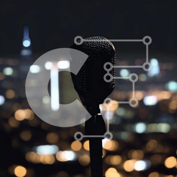 Intra Συλλεκτικό Ξύλινο Παζλ Plywood  4mm - Μικρόφωνο μπροστά από το φωτισμένο αστικό τοπίο τη νύχτα Σε Ξύλινο Κουτί - Διαστάσεις Puzzle: 10x10 cm – 25 κομμάτια