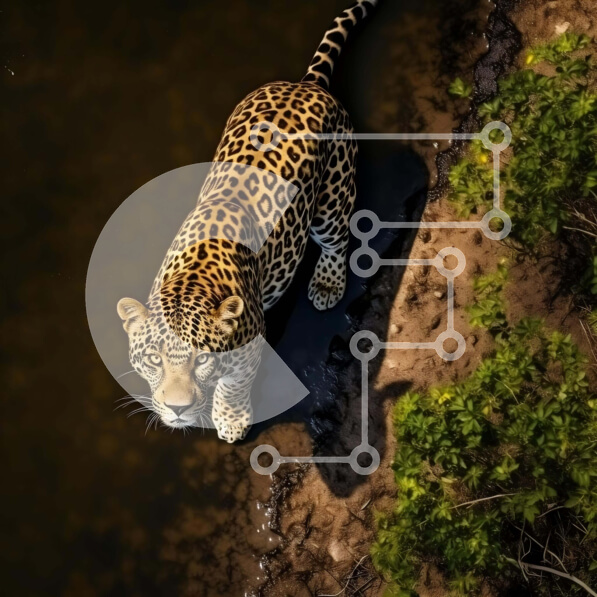 Intra Συλλεκτικό Ξύλινο Παζλ Plywood  4mm - Εναέρια άποψη της λεοπάρδαλης στο νερό κοντά σε δέντρα Σε Ξύλινο Κουτί - Διαστάσεις: 10x10 cm – 25 κομμάτια