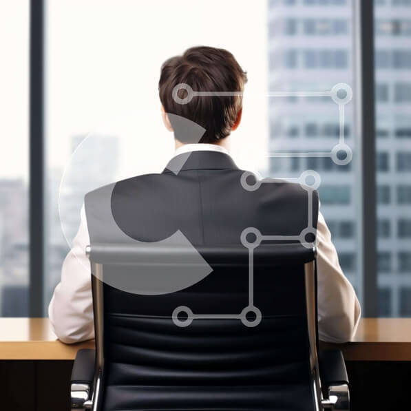 Intra Συλλεκτικό Ξύλινο Παζλ Plywood  4mm - Άνδρας με επαγγελματικό ένδυμα κάθεται στο γραφείο με θέα στην πόλη Σε Ξύλινο Κουτί - Διαστάσεις Puzzle: 10x10 cm – 25 κομμάτια