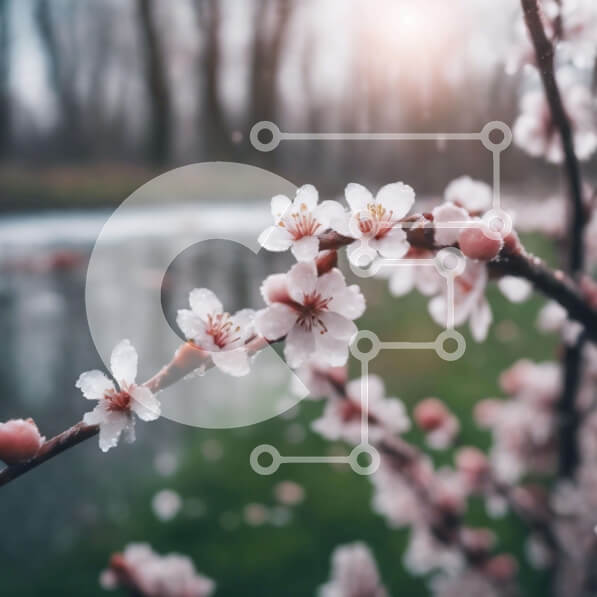 Intra Συλλεκτικό Ξύλινο Παζλ Plywood  4mm - Η κερασιά ανθίζει την άνοιξη δίπλα στον ποταμό Σε Ξύλινο Κουτί - Διαστάσεις: 10x10 cm – 25 κομμάτια