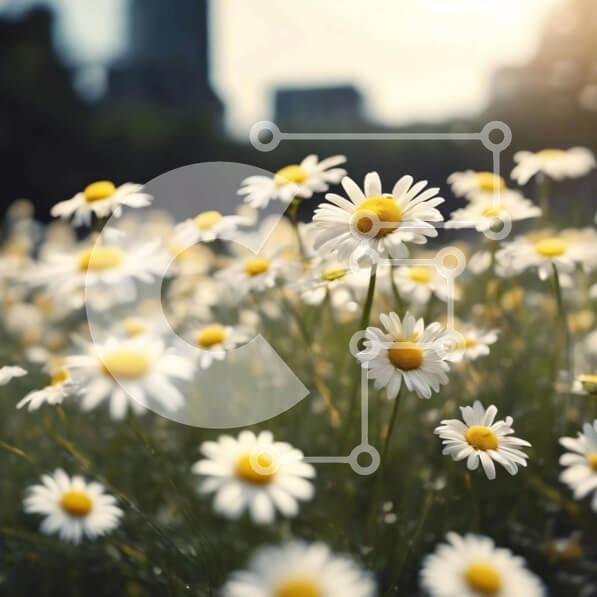 Intra Συλλεκτικό Ξύλινο Παζλ Plywood  4mm - Ανθισμένες λευκές μαργαρίτες σε ένα αστικό περιβάλλον Σε Ξύλινο Κουτί - Διαστάσεις: 10x10 cm – 25 κομμάτια