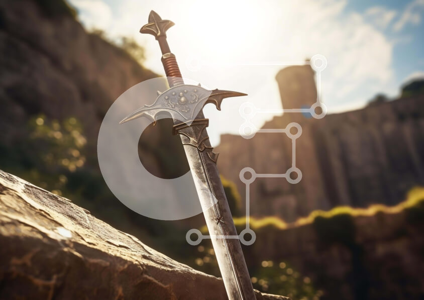 Intra Συλλεκτικό Ξύλινο Παζλ Plywood  4mm - Σπαθί από μέταλλο ή ξύλο που στηρίζεται σε βράχους Σε Ξύλινο Κουτί - Διαστάσεις: 10x10 cm – 25 κομμάτια