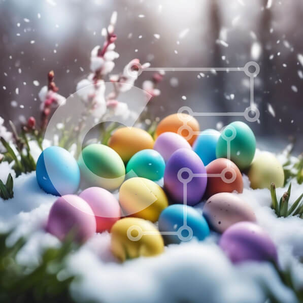 Intra Συλλεκτικό Ξύλινο Παζλ Plywood  4mm - Πολύχρωμα Πασχαλινά αυγά στο χιόνι με λουλούδια και κλαδιά Σε Ξύλινο Κουτί - Διαστάσεις Puzzle: 10x10 cm – 25 κομμάτια