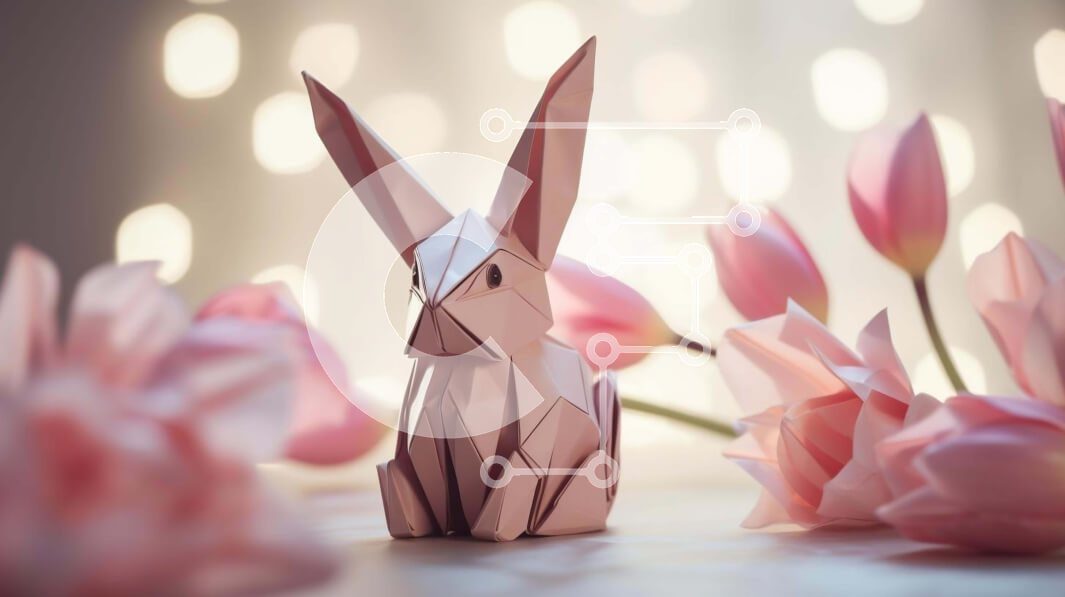 Intra Συλλεκτικό Ξύλινο Παζλ Plywood  4mm - Origami κουνέλι και ροζ τουλίπες σε ένα τραπέζι Σε Ξύλινο Κουτί - Διαστάσεις Puzzle: 10x10 cm – 25 κομμάτια