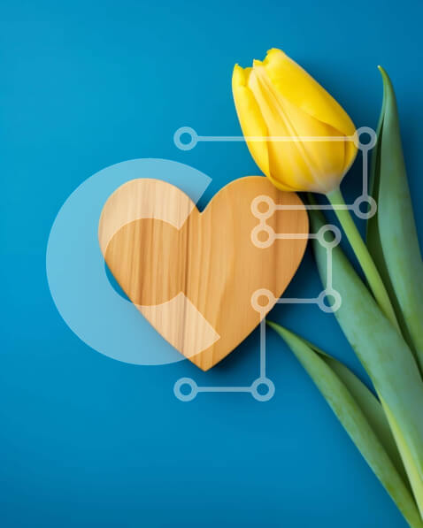 Intra Συλλεκτικό Ξύλινο Παζλ Plywood  4mm - Ημέρα του Αγίου Βαλεντίνου Ξύλινη καρδιά και κίτρινες τουλίπες σε μπλε φόντο Σε Ξύλινο Κουτί - Διαστάσεις: 10x10 cm – 25 κομμάτια