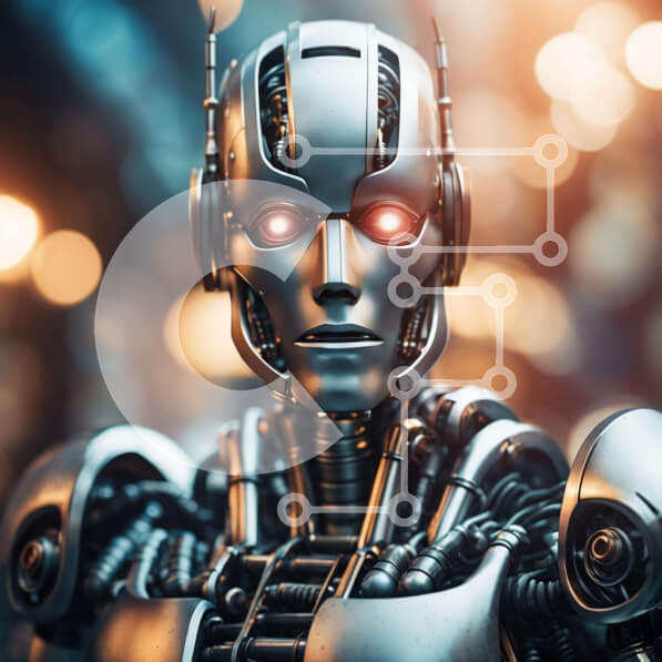 Intra Συλλεκτικό Ξύλινο Παζλ Plywood  4mm - Φουτουριστικό ρομπότ με φωτεινά κόκκινα μάτια - Έννοια τεχνητής νοημοσύνης και ρομποτικής Σε Ξύλινο Κουτί - Διαστάσεις Puzzle: 10x10 cm – 25 κομμάτια