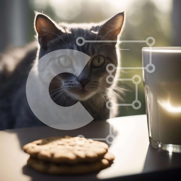 Intra Συλλεκτικό Ξύλινο Παζλ Plywood  4mm - Γκρίζα γάτα που κάθεται μπροστά από μπισκότα και γάλα Σε Ξύλινο Κουτί - Διαστάσεις: 10x10 cm – 25 κομμάτια