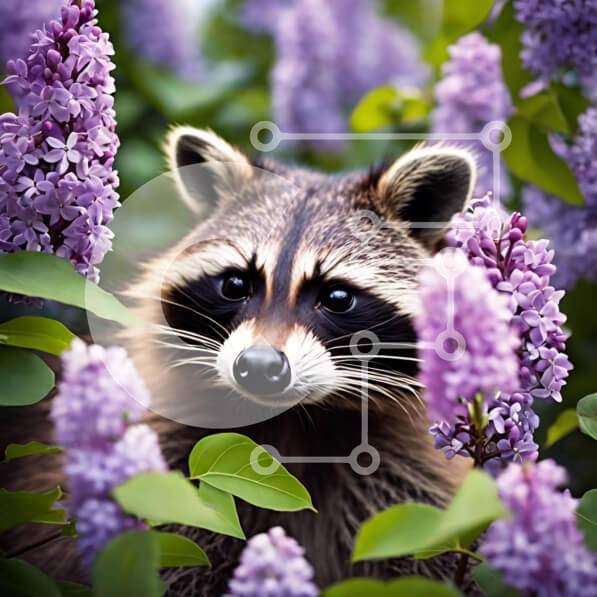 Intra Συλλεκτικό Ξύλινο Παζλ Plywood  4mm - Περίεργο ρακούν ανάμεσα σε μωβ πασχαλιές Σε Ξύλινο Κουτί - Διαστάσεις: 10x10 cm – 25 κομμάτια